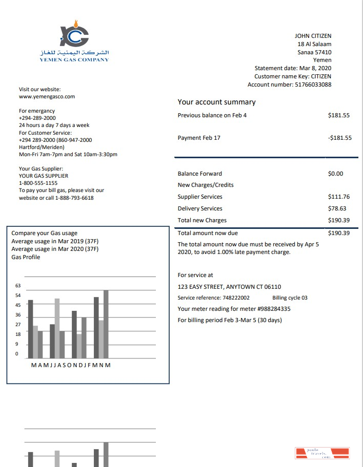 Yemen Gas Company utility bill template in Word and PDF format